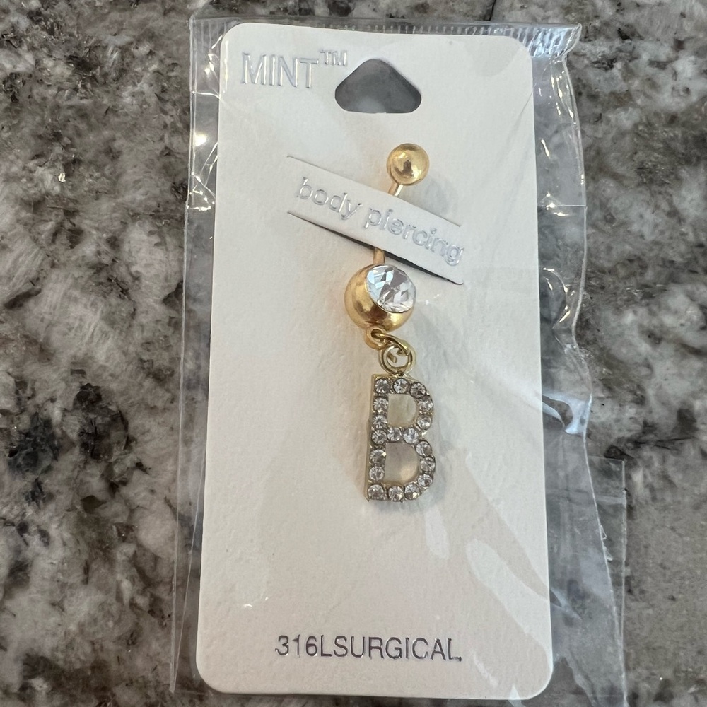 B initial diamond belly ring